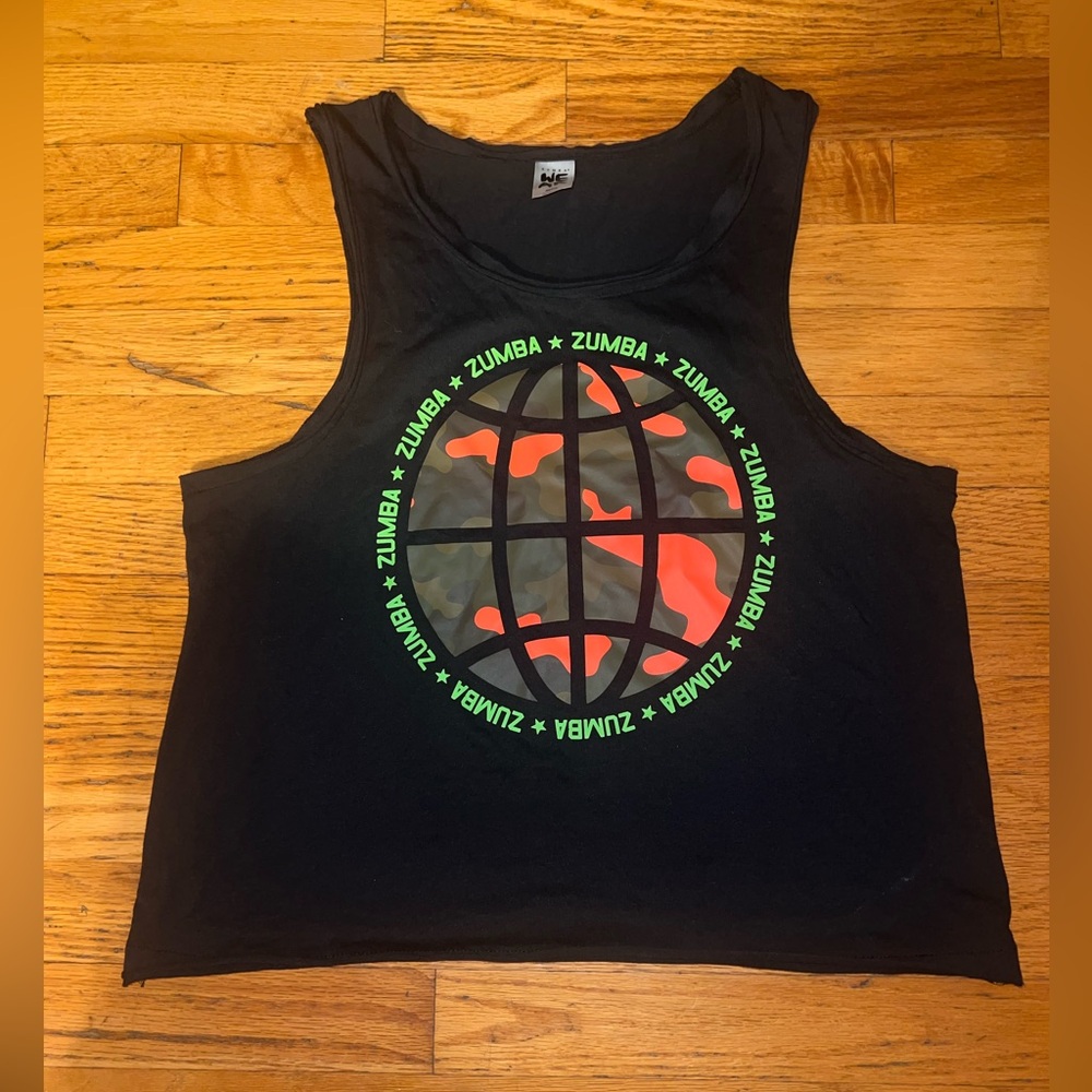 Zumba Fitness Black Muscle Tee with Green Camo Globe